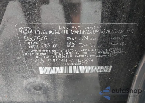 2020 Hyundai Elantra Sel z USA, uszkodzony, nr VIN 5NPD84LF7LH575074